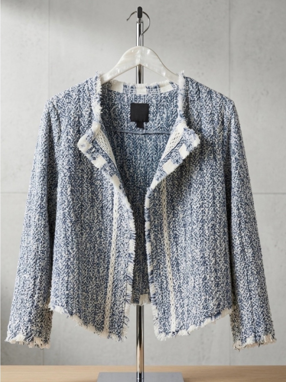 NIC+ZOE size L 8/10  Blue and White Tweed Fringe sweater textured cardigan